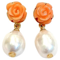 Bochic “Capri” Flower Coral & Pearl Earrings Set In 18K Gold & Silver