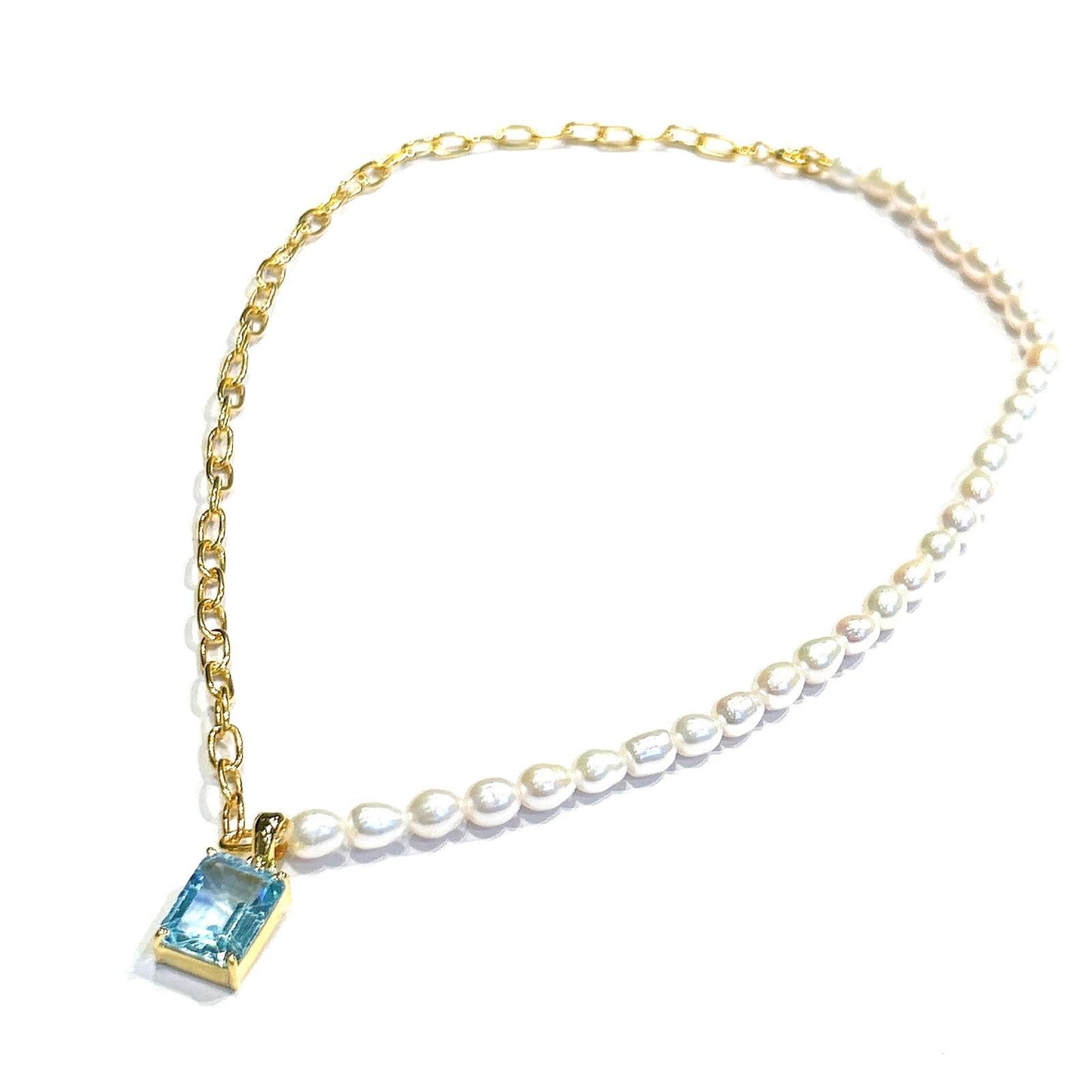 Women's or Men's Bochic “Capri” FreshWater Pearl & Blue Topaz Necklace Set In 18K Gold & Silver For Sale