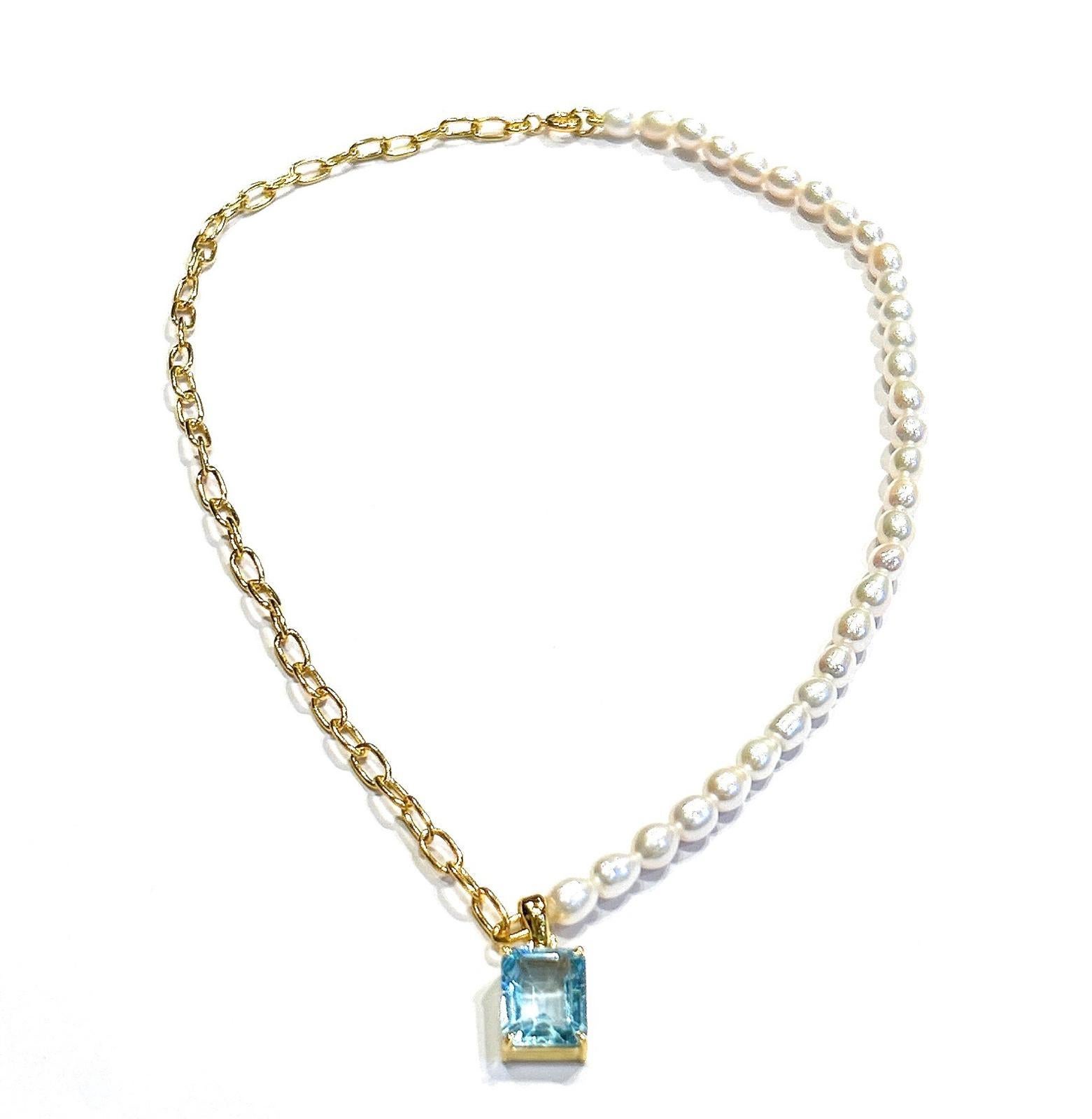 Bochic “Capri” FreshWater Pearl & Blue Topaz Necklace Set In 18K Gold & Silver For Sale 2