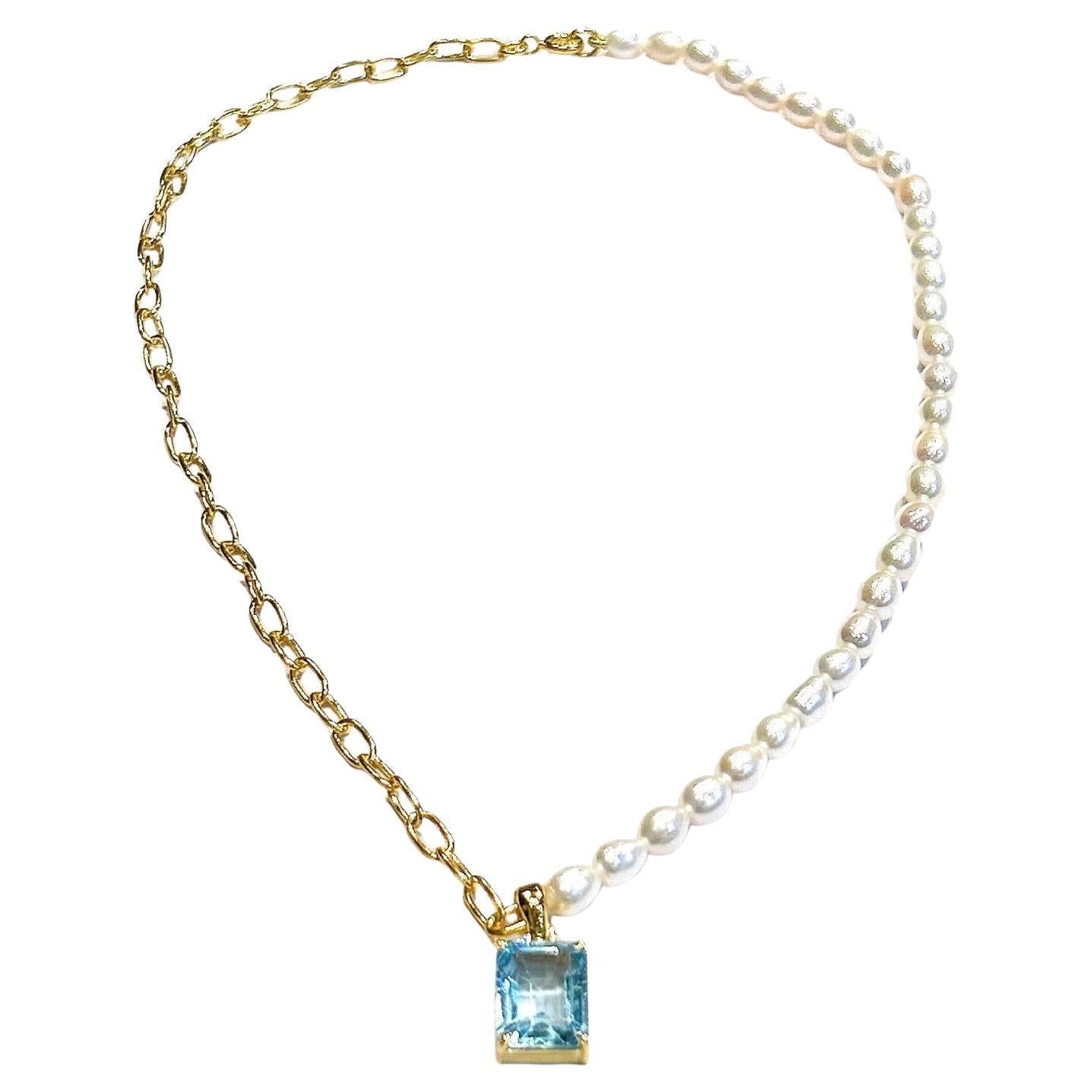 Collar Bochic "Capri" de perlas de agua dulce y topacio azul en oro de 18 quilates y plata