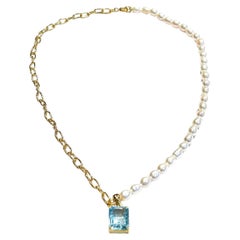 Bochic “Capri” FreshWater Pearl & Blue Topaz Necklace Set In 18K Gold & Silver