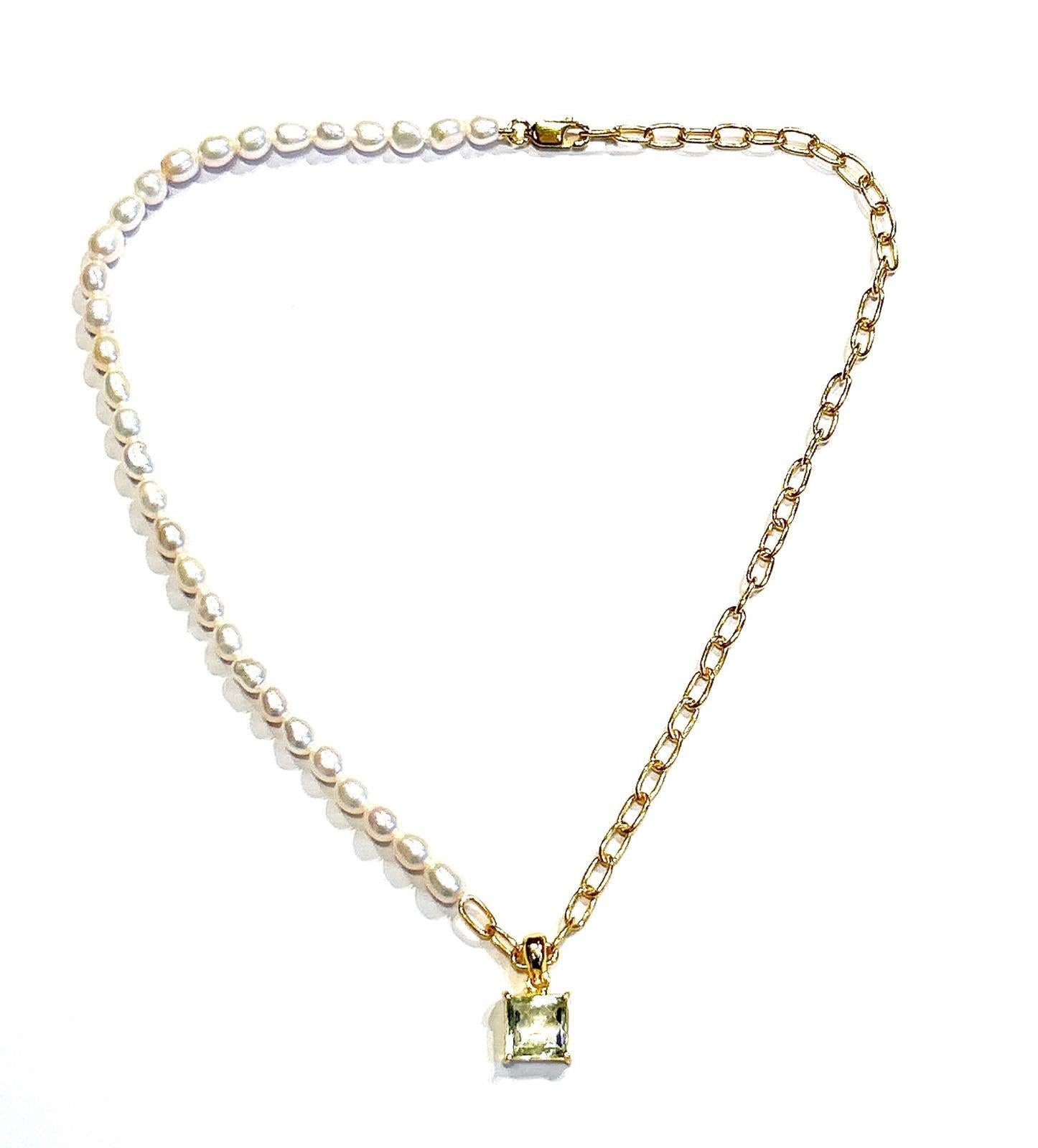 Bochic “Capri” FreshWater Pearl & Green Amethyst Necklace Set 18K Gold & Silver For Sale 5