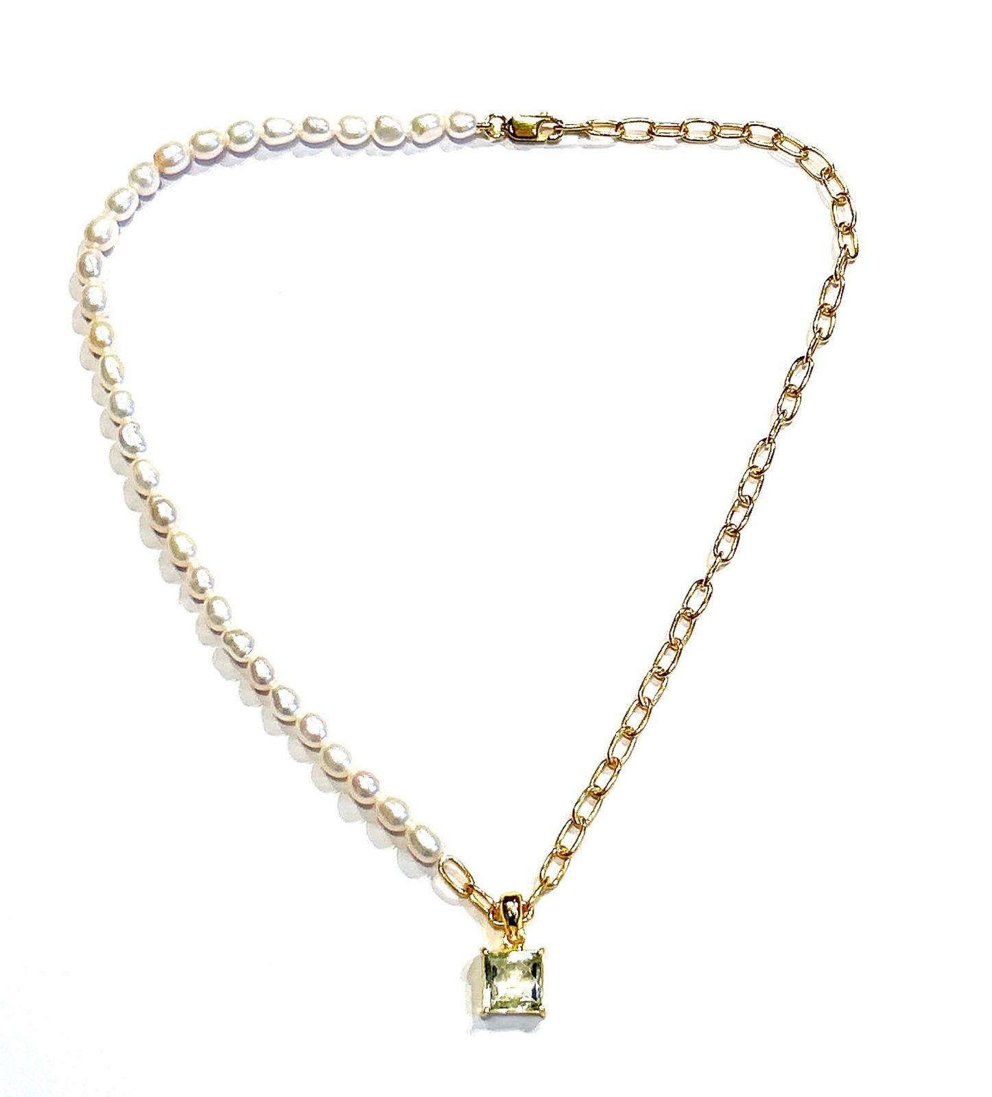 Bochic “Capri” FreshWater Pearl & Green Amethyst Necklace Set 18K Gold & Silver In New Condition For Sale In New York, NY