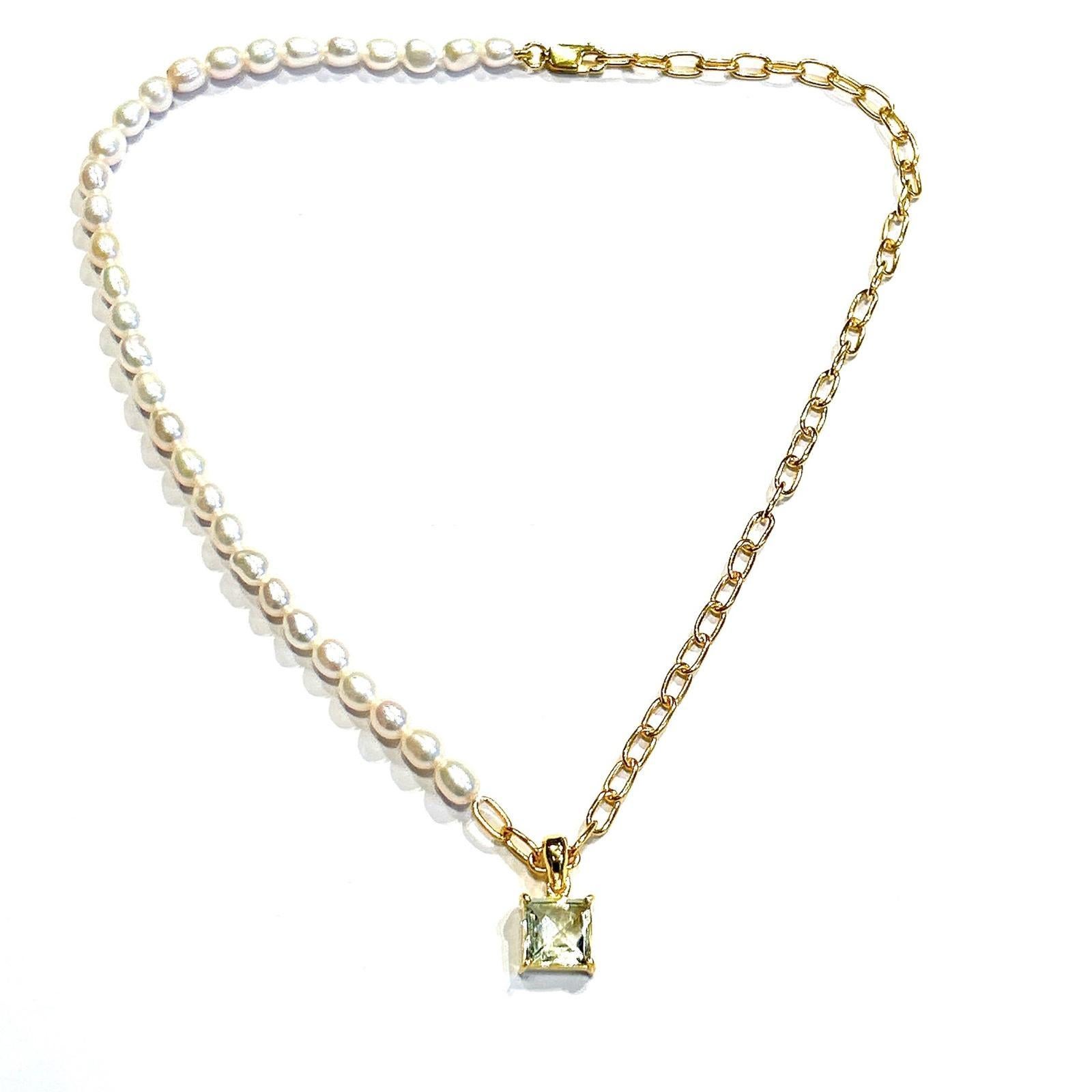 Bochic “Capri” FreshWater Pearl & Green Amethyst Necklace Set 18K Gold & Silver For Sale 1