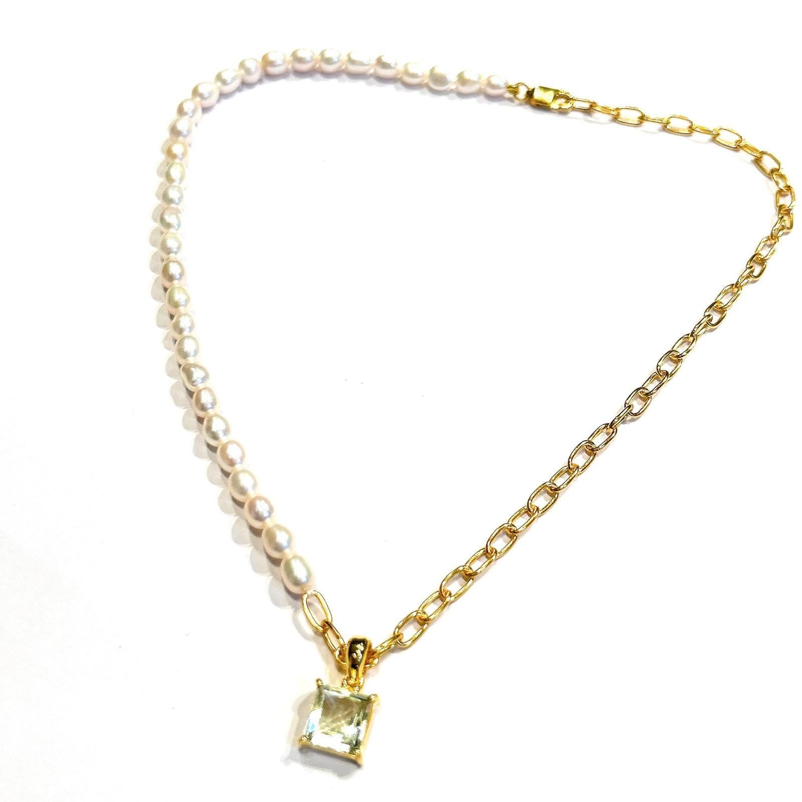Bochic “Capri” FreshWater Pearl & Green Amethyst Necklace Set 18K Gold & Silver For Sale 2