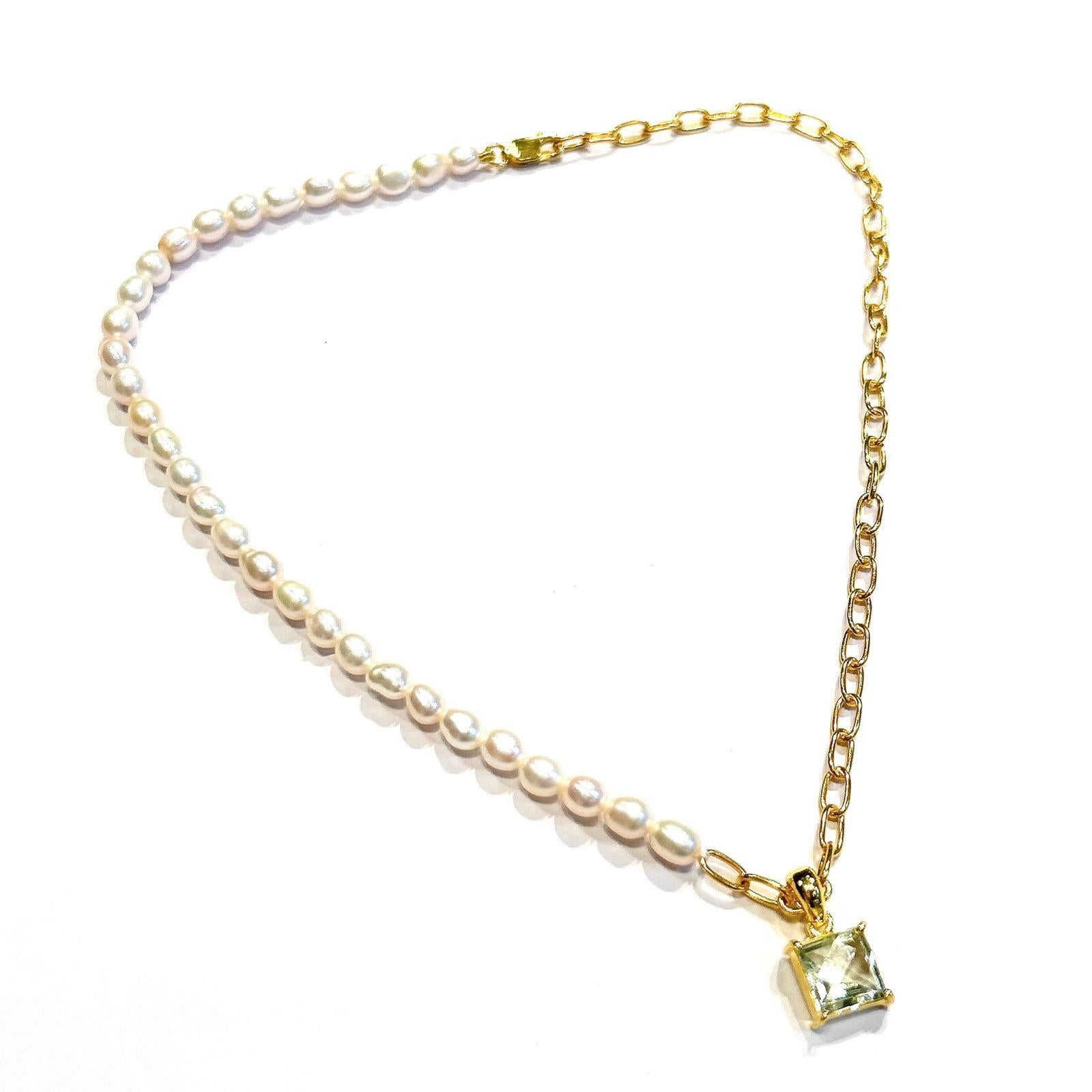 Bochic “Capri” FreshWater Pearl & Green Amethyst Necklace Set 18K Gold & Silver For Sale 3
