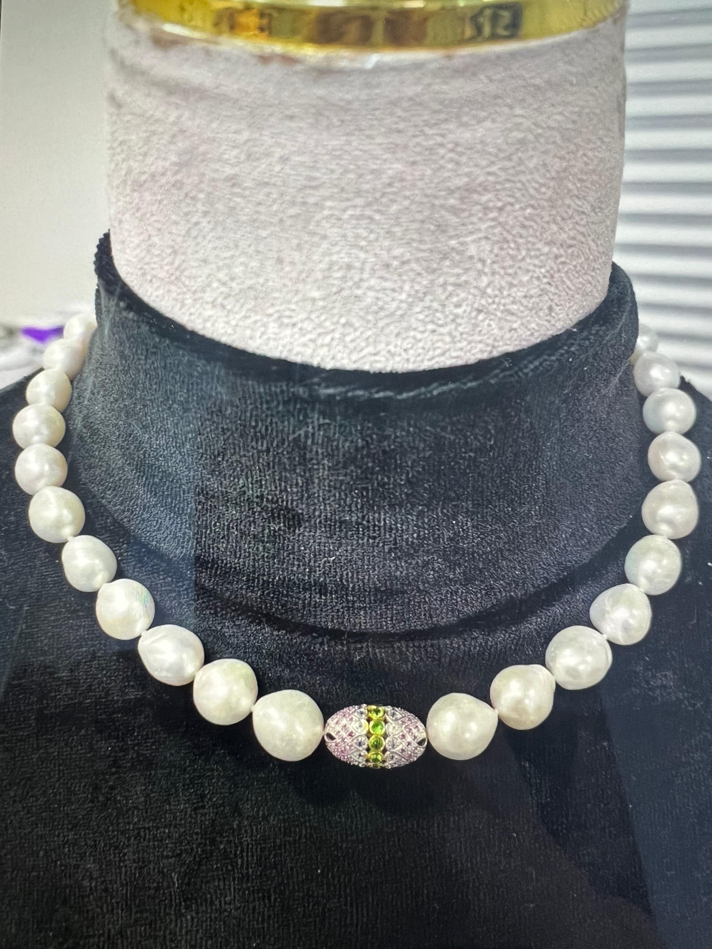Brilliant Cut Bochic “Capri” FreshWater Pearl, Pink Sapphire, Peridot & Mix gems Necklace For Sale
