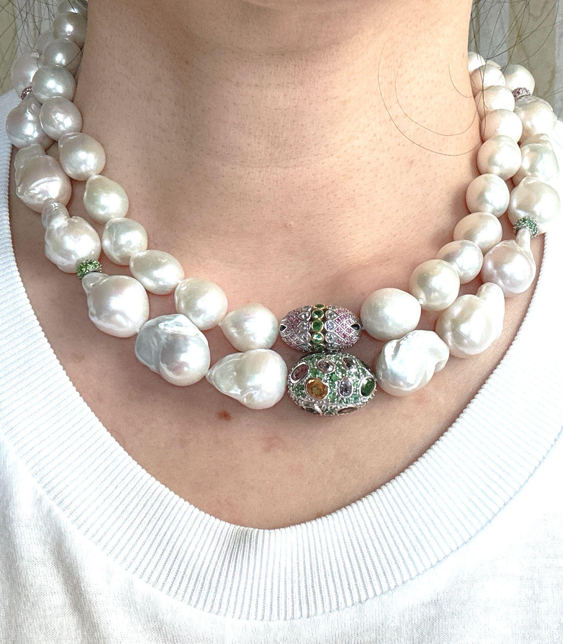 Bochic “Capri” FreshWater Pearl, Pink Sapphire, Peridot & Mix gems Necklace For Sale 2