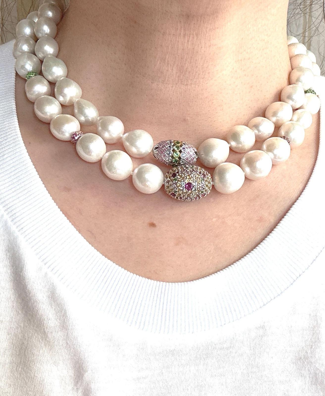 Baroque Bochic “Capri” FreshWater Pearl, Pink Sapphire, Peridot & Mix gems Necklace Set For Sale