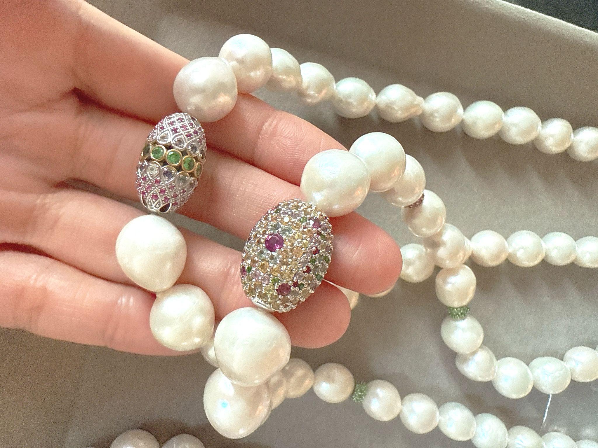Women's or Men's Bochic “Capri” FreshWater Pearl, Pink Sapphire, Peridot & Mix gems Necklace Set For Sale