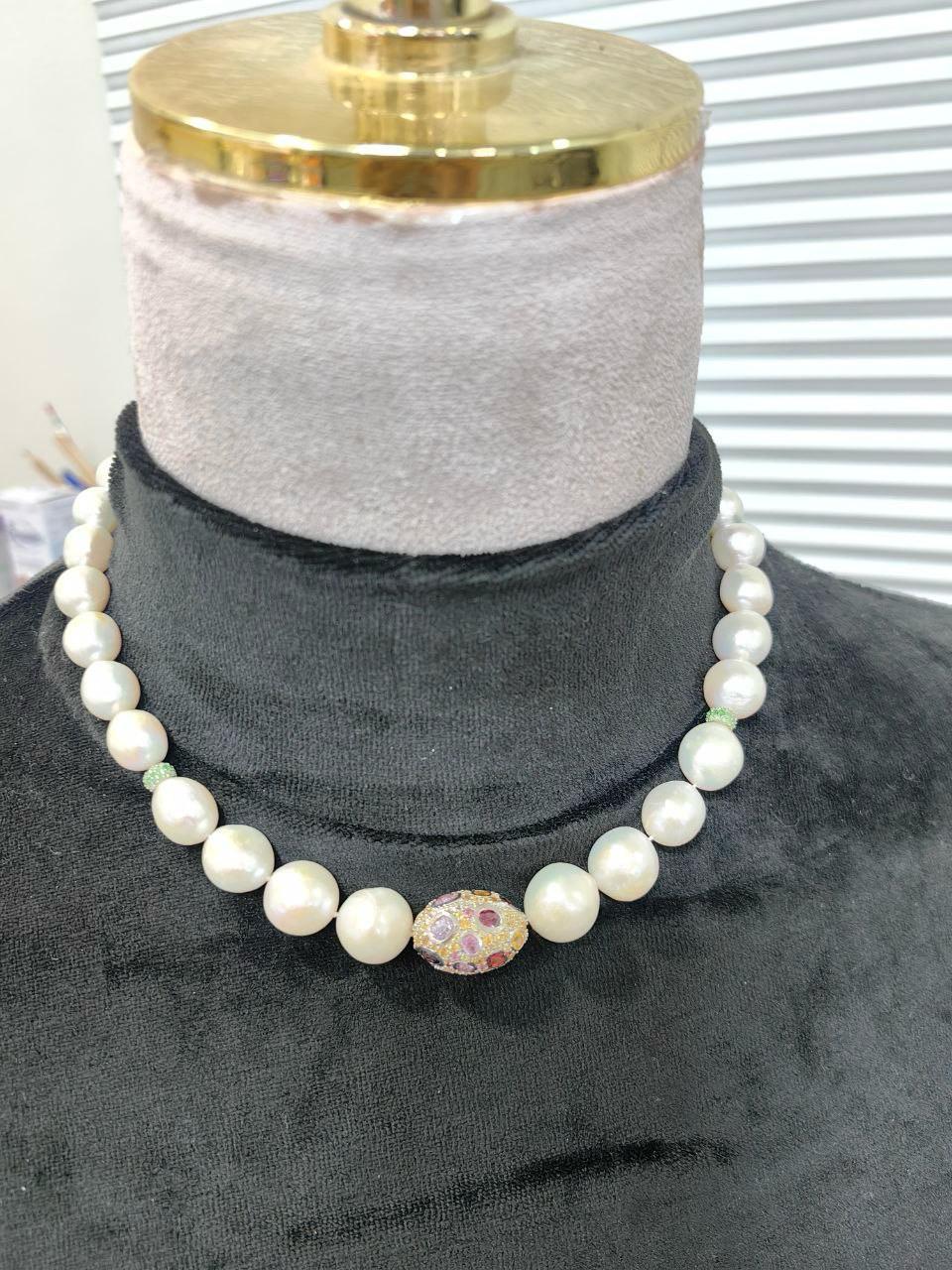Bochic “Capri” FreshWater Pearl, Pink Sapphire, Peridot & Mix gems Necklace Set For Sale 2
