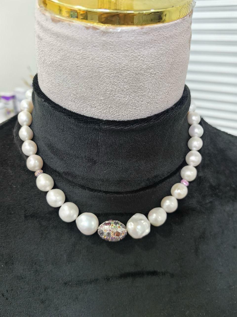 Bochic “Capri” FreshWater Pearl, Pink Sapphire, Peridot & Mix gems Necklace Set For Sale 3