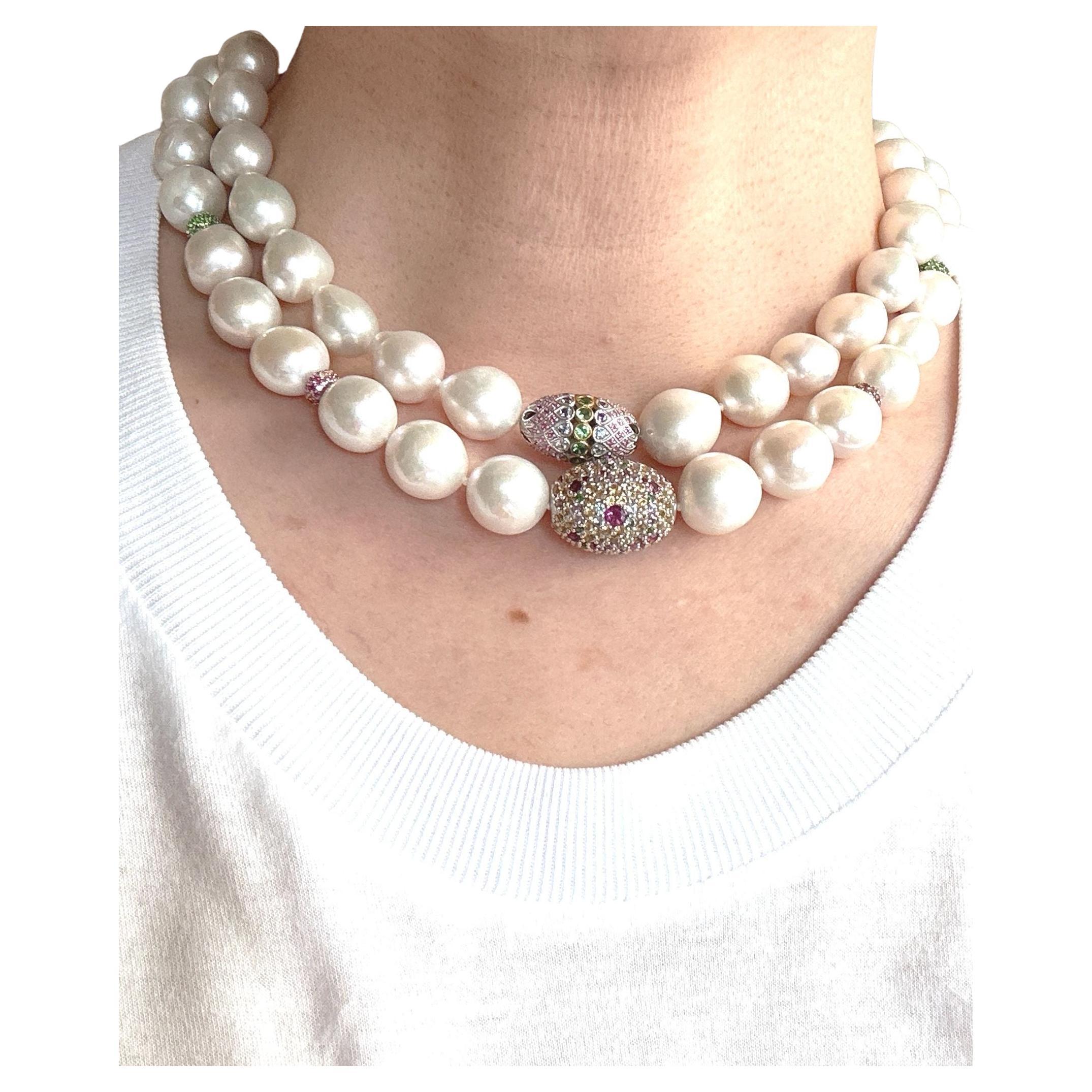 Bochic “Capri” FreshWater Pearl, Pink Sapphire, Peridot & Mix gems Necklace Set For Sale