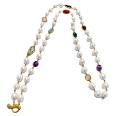 Bochic “Capri” Vintage Pearl, Ruby, Sapphire, Aquamarine, & Mix gems Necklace