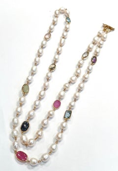 Bochic “Capri” Vintage Pearl, Ruby, Sapphire, Aquamarine, & Mix gems Necklace