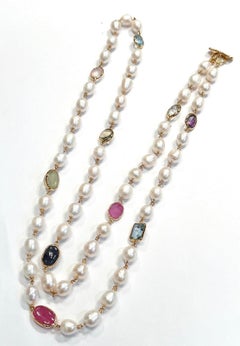 BOCHIC - Collier de perles d'eau douce, rubis, saphir, aigue-marine et pierres précieuses mixtes "Capri