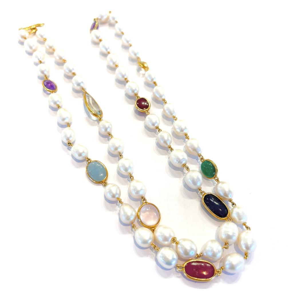Briolette Cut Bochic “Capri” FreshWater Pearl, Ruby, Sapphire, Aquamarine, & Mix gems Necklace For Sale