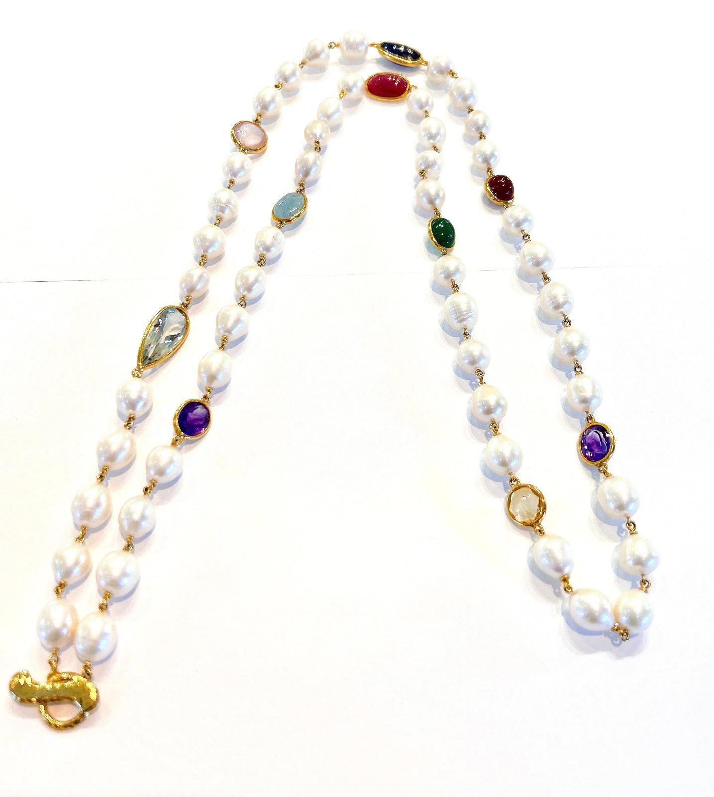 Bochic “Capri” FreshWater Pearl, Ruby, Sapphire, Aquamarine, & Mix gems Necklace In New Condition For Sale In New York, NY