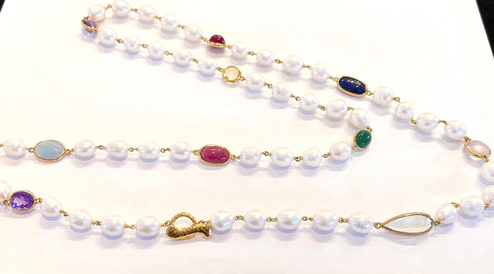 Women's Bochic “Capri” FreshWater Pearl, Ruby, Sapphire, Aquamarine, & Mix gems Necklace For Sale