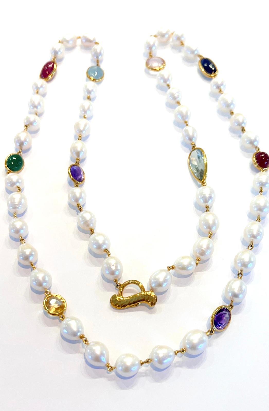 Bochic “Capri” FreshWater Pearl, Ruby, Sapphire, Aquamarine, & Mix gems Necklace For Sale 1
