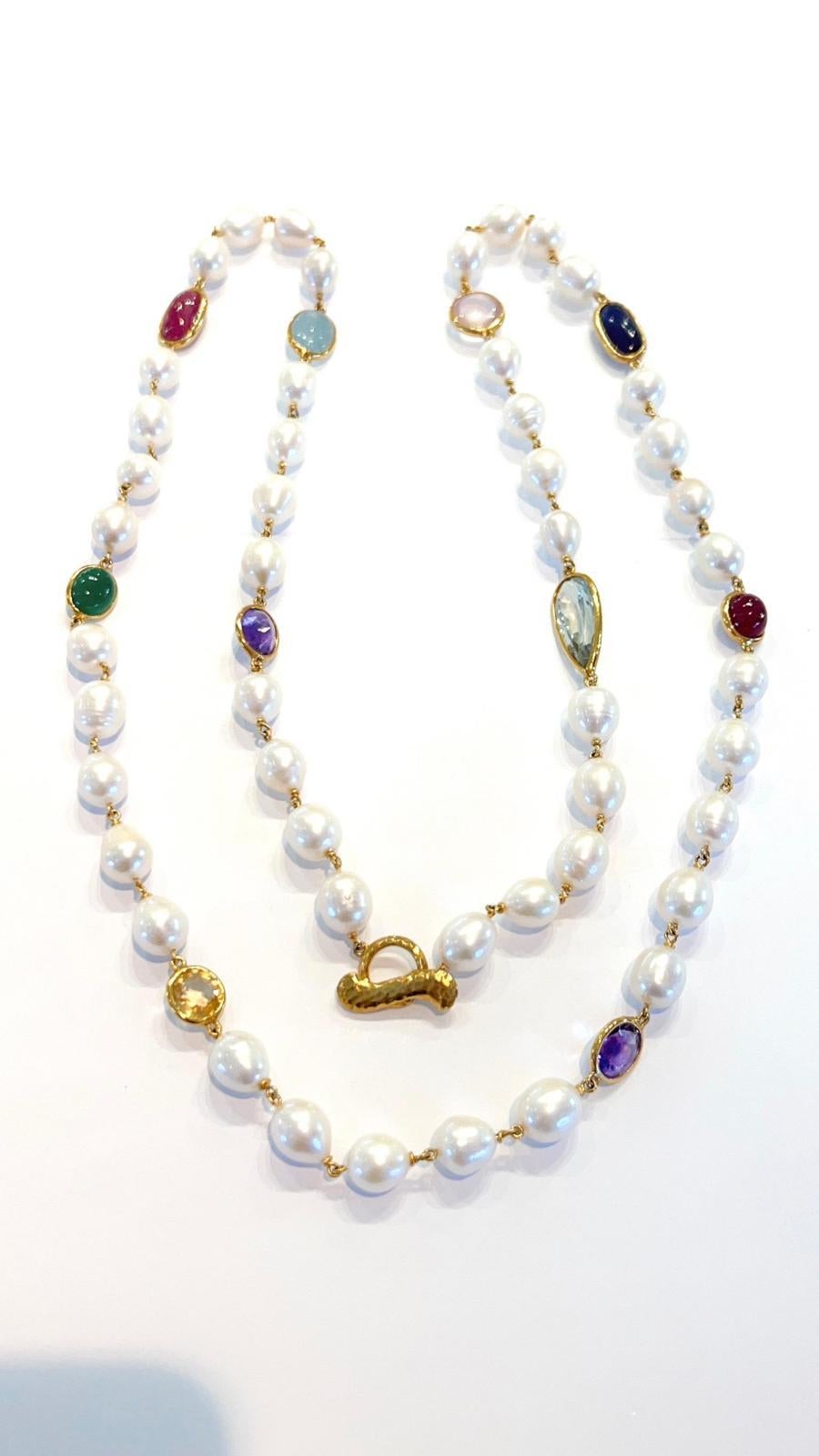 Bochic “Capri” FreshWater Pearl, Ruby, Sapphire, Aquamarine, & Mix gems Necklace For Sale 2