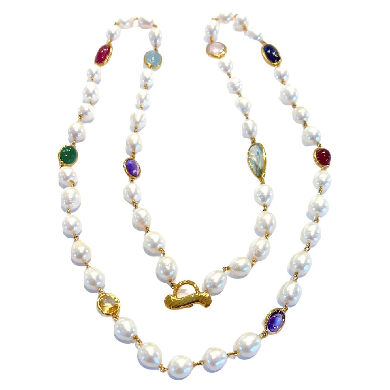 Bochic “Capri” FreshWater Pearl, Ruby, Sapphire, Aquamarine, & Mix gems Necklace For Sale