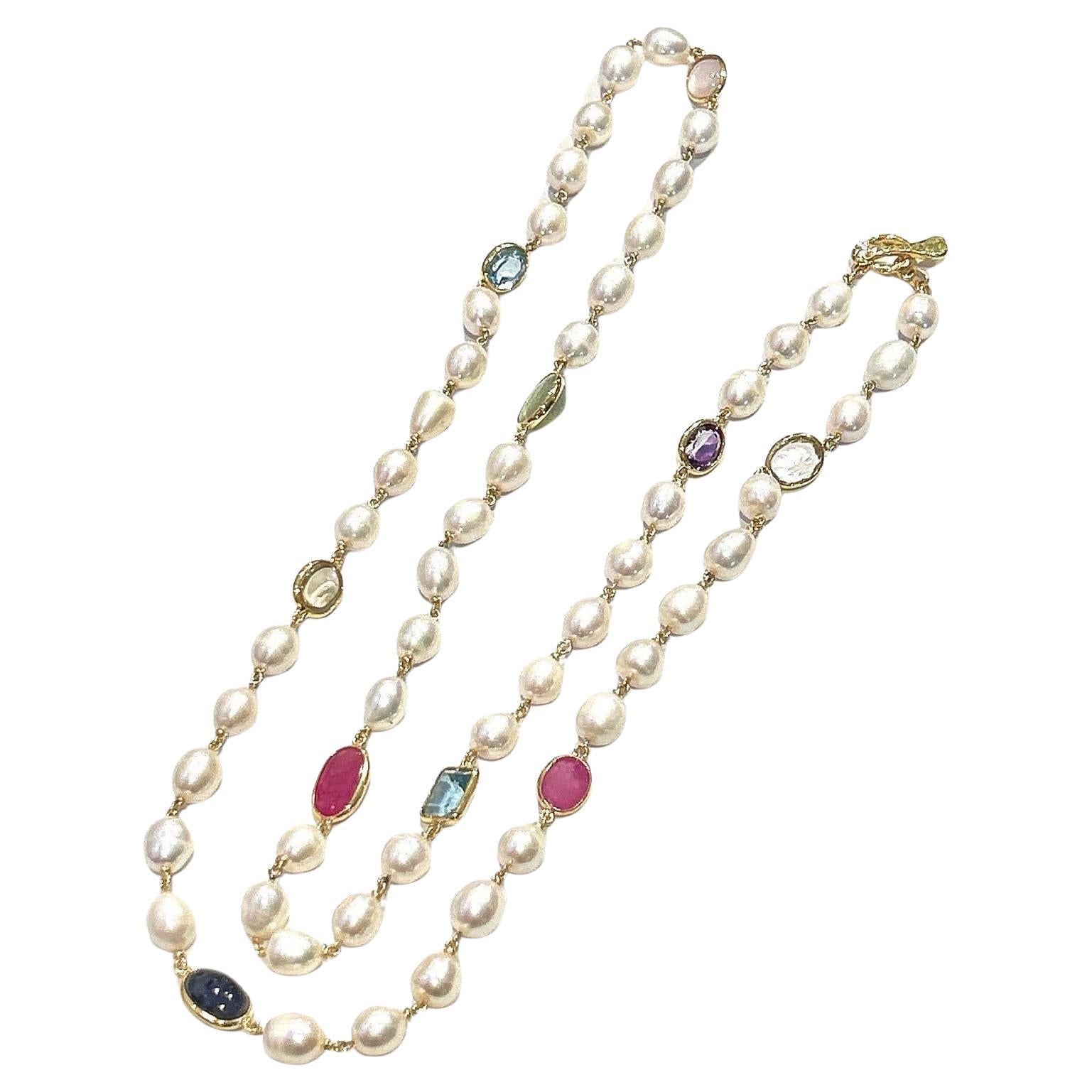 Bochic “Capri” FreshWater Pearl, Ruby, Sapphire, Aquamarine, & Mix gems Necklace For Sale