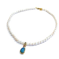 Bochic “Capri” FreshWater Pearl, Sapphire & Opal Necklace Set 18K Gold & Silver