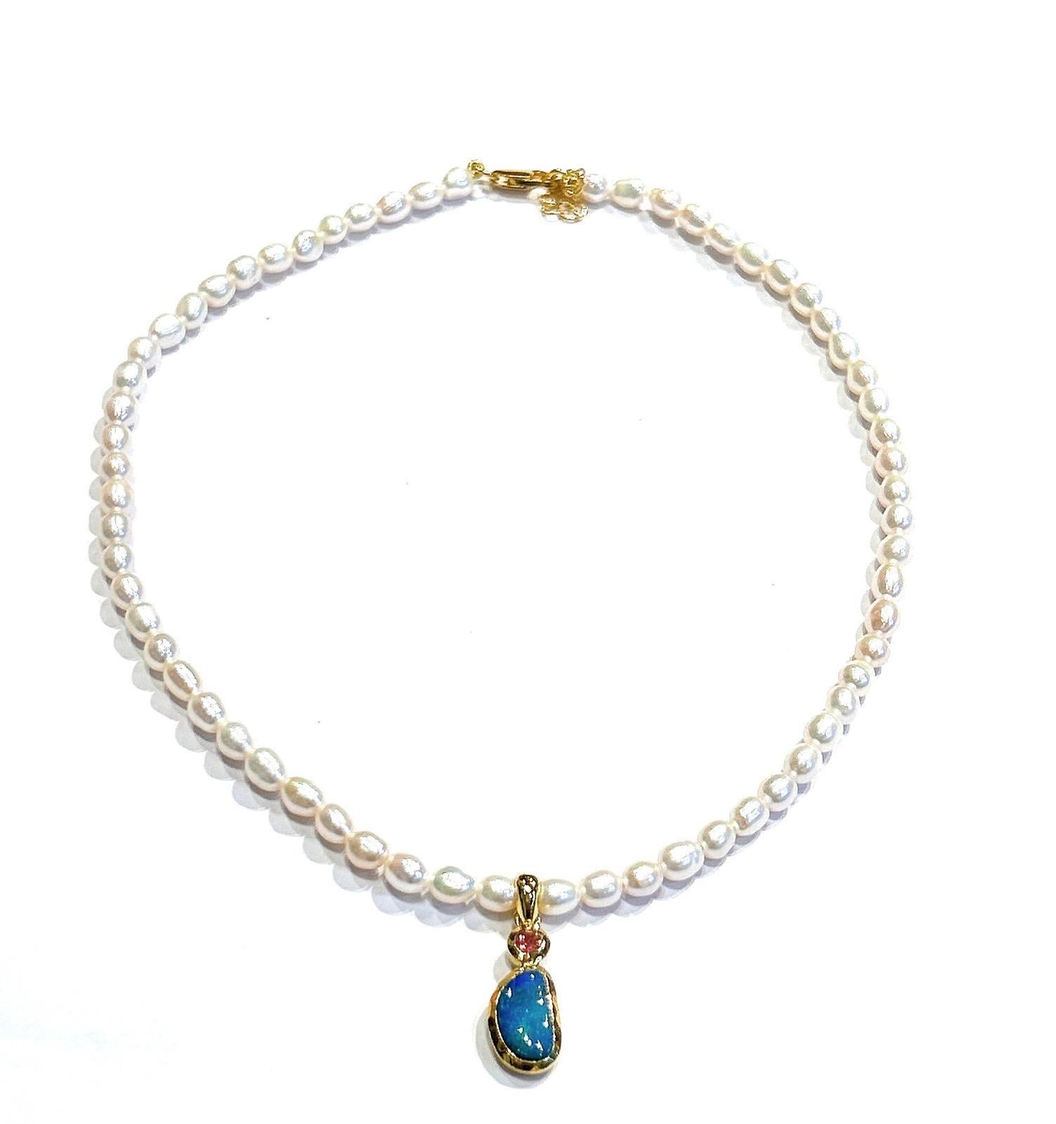 Brilliant Cut Bochic “Capri” FreshWater Pearl, Sapphire & Opal Necklace Set 18K Gold & Silver