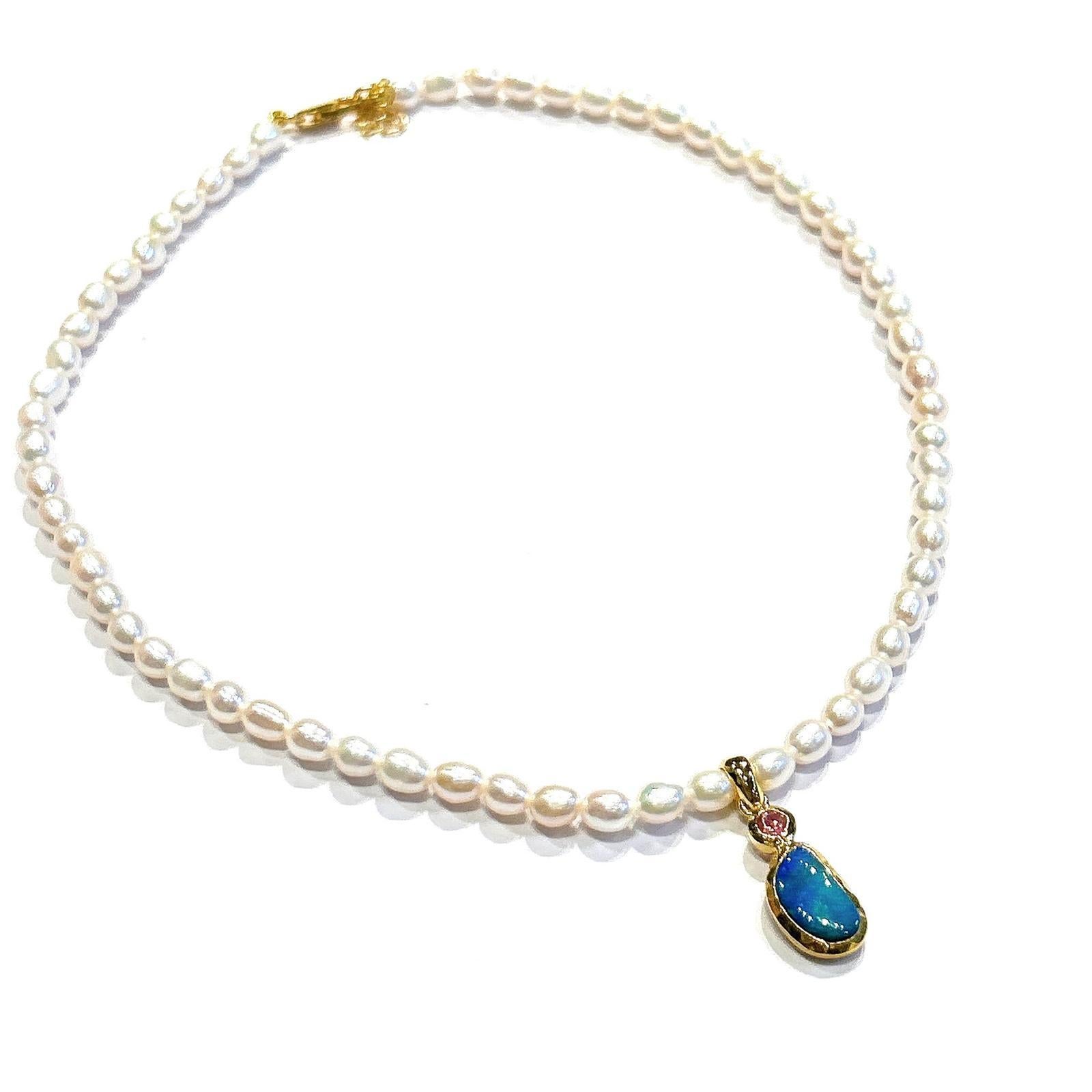 Bochic “Capri” FreshWater Pearl, Sapphire & Opal Necklace Set 18K Gold & Silver 2