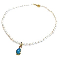 Bochic “Capri” FreshWater Pearl, Sapphire & Opal Necklace Set 18K Gold & Silver