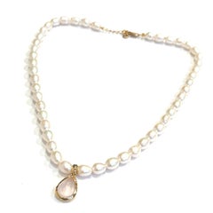 Bochic “Capri” Vintage Pearl & Pink Quartz Necklace Set 18K Gold & Silver