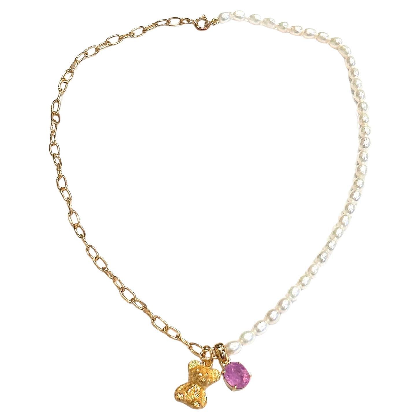 Bochic “Capri” FreshWater & Pink Ruby Necklace Set 18K Gold & Silver