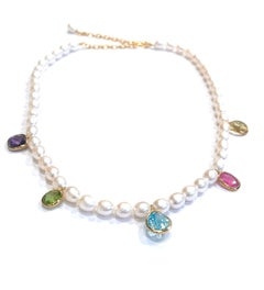 Bochic “Capri” Vintage Pearl, Ruby & Multi Gem Necklace Set 18K Gold & Silver