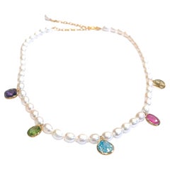 Bochic “Capri” FreshWater, Ruby & Multi Gem Necklace Set 18K Gold & Silver