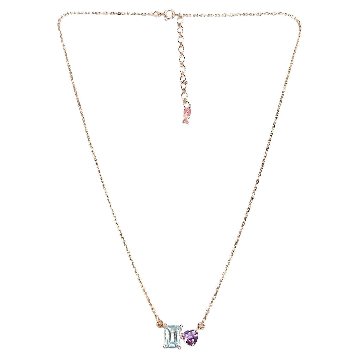 Art Nouveau Bochic “Capri” Heart Shape Amethyst & Blue Topaz Necklace Set in 18K Gold & Silv For Sale