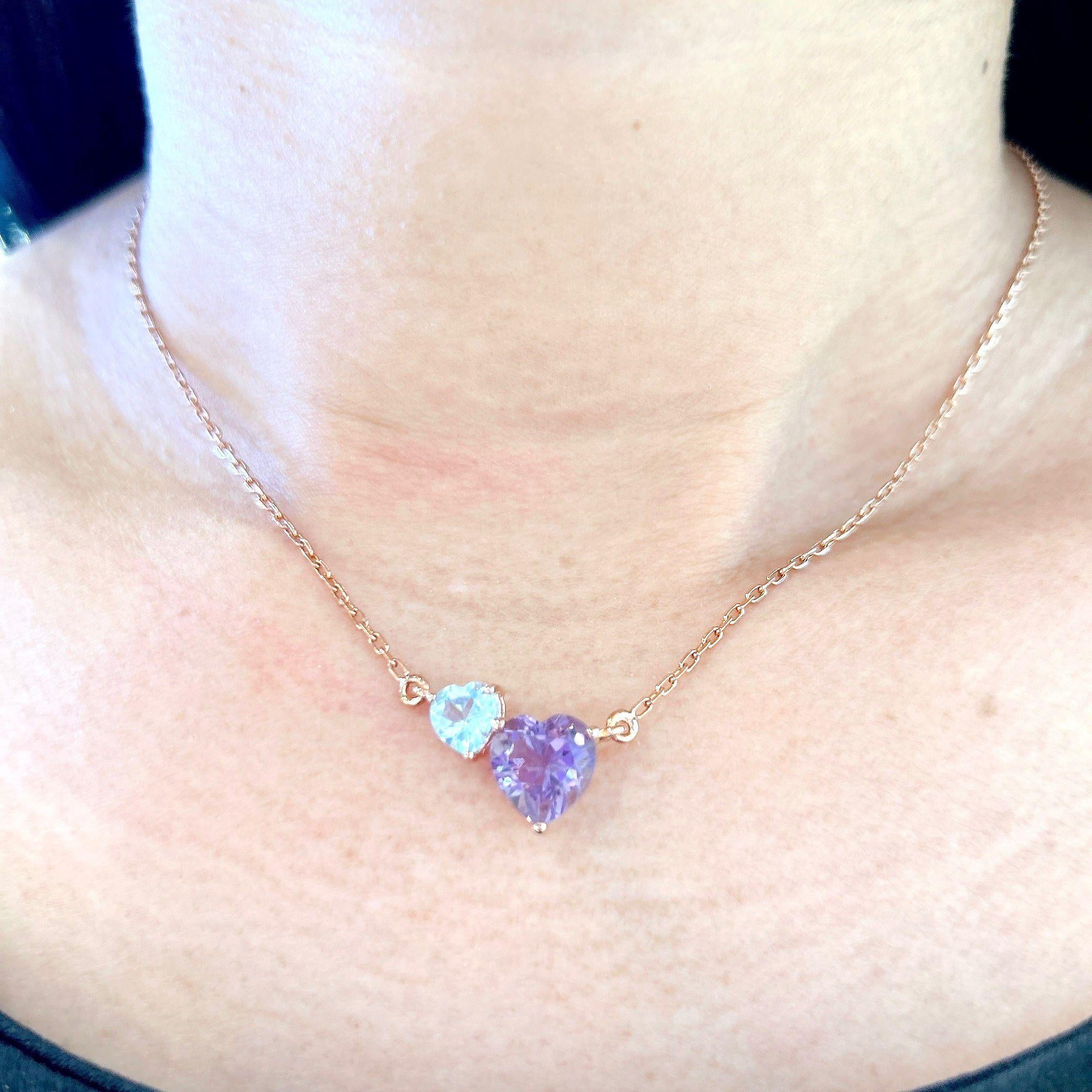 Bochic “Capri” Heart Shape Amethyst & Topaz Necklace Set in 18K Gold & Silver For Sale 4