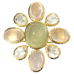 Bochic “Capri” Italian Rose Quartz & Multi Gem Brooch Set In 18K Gold & Silver