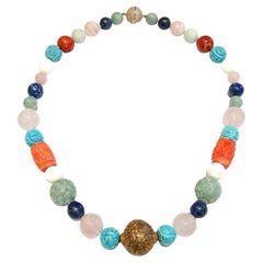 Bochic “Capri” Jade, Coral, Lapis, Rose Quartz & Gems Necklace & Vintage Clasp 