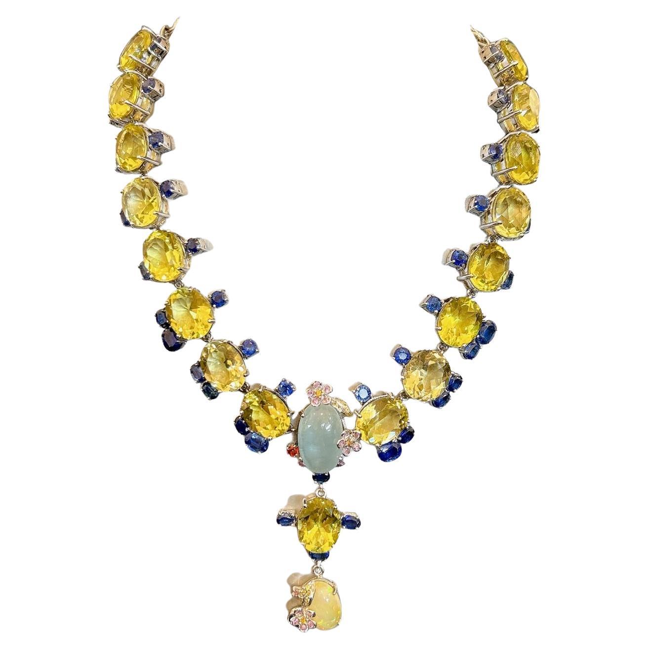 Conjunto de collar Bochic "Capri" de cuarzo limón, aguamarina y zafiro 18K y plata