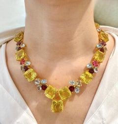 Bochic "Capri" Halskette aus Zitronenquarz, Blautopas und Rosenrosrit - 18K Gold & Si