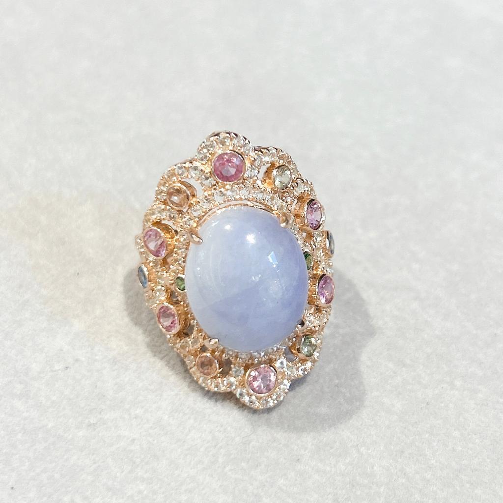 Bochic “Capri” Lilac Calcedony & Sapphire Ring Set in 18K Gold & Silver  For Sale 7