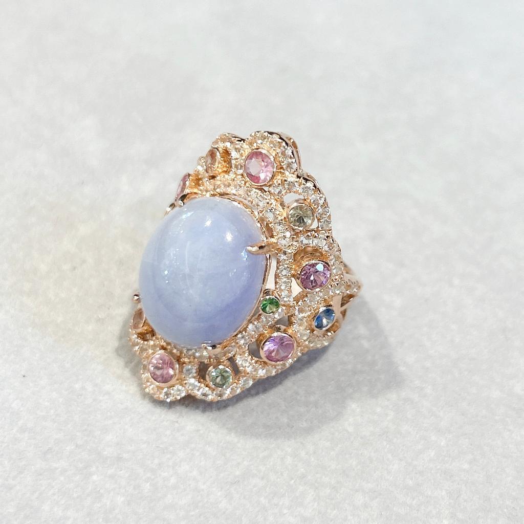 Bochic “Capri” Lilac Calcedony & Sapphire Ring Set in 18K Gold & Silver  For Sale 10