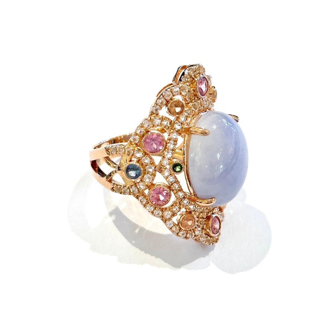 Bochic “Capri” Lilac Calcedony & Sapphire Ring Set in 18K Gold & Silver  For Sale 13