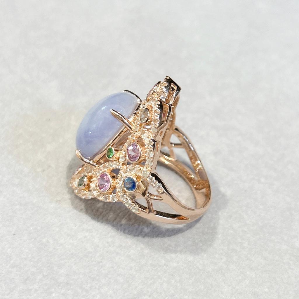 Baroque Bochic “Capri” Lilac Calcedony & Sapphire Ring Set in 18K Gold & Silver  For Sale