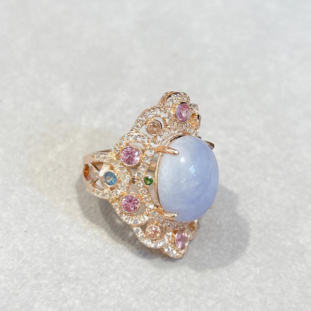 Brilliant Cut Bochic “Capri” Lilac Calcedony & Sapphire Ring Set in 18K Gold & Silver  For Sale