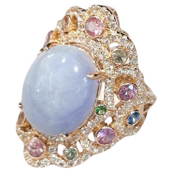 Bochic “Capri” Lilac Calcedony & Sapphire Ring Set in 18K Gold & Silver  For Sale