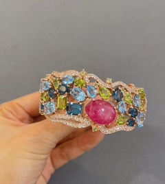 Bochic “Capri” Vintage London Topaz, Ruby & Peridot Bangle -18K Gold & Silver