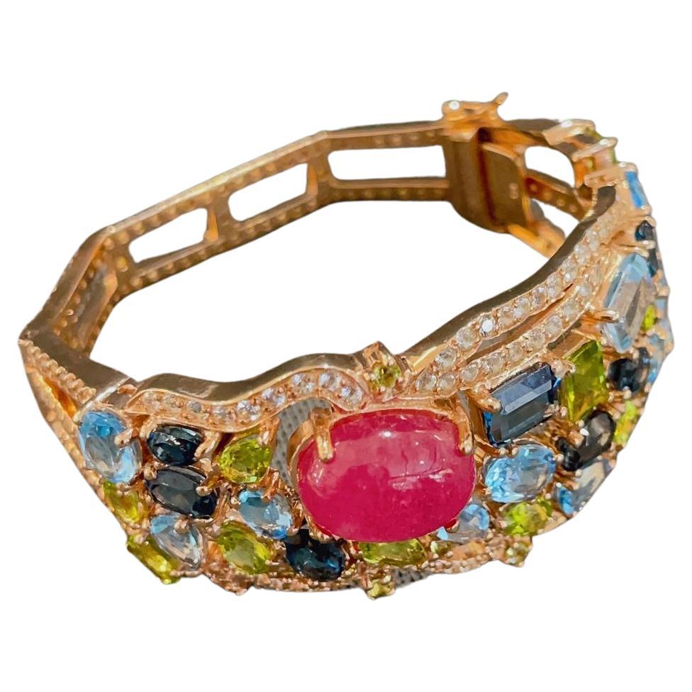 Bochic “Capri” London Topaz, Red Ruby & Peridot Bangle Set in 22k Gold & Silver For Sale