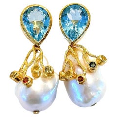 Bochic “Capri” London Topaz & Sapphire Earrings Set In 18K Gold & Silver 